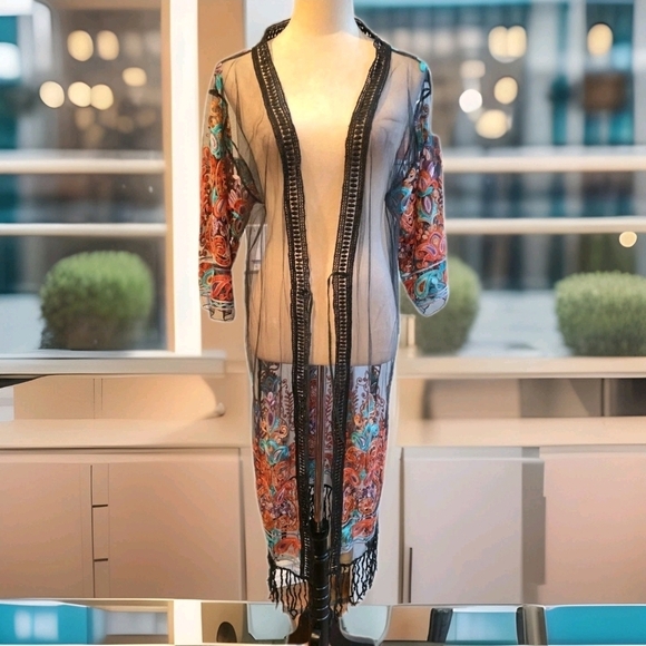 Jackets & Blazers - 208 Sheer Black Floral Embordered and Multicolor Kimono